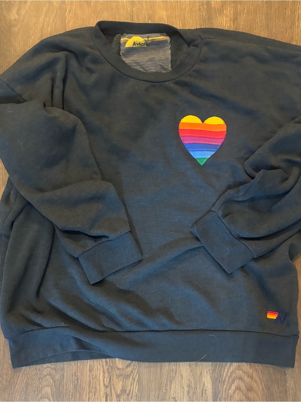 Aviator Nation Black Crewneck with Rainbow Heart Patch